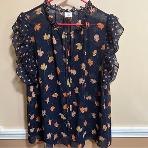 CAbi-Blue Orange Floral Semi-Sheer Sleeveless Tie Ruffle Neck Top-XL